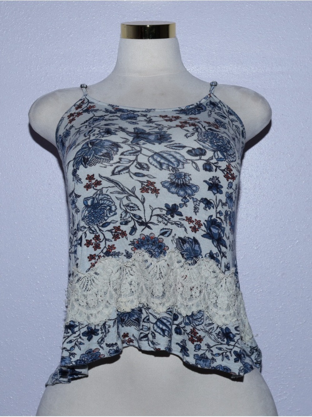 Xhilaration Blue and White Floral Lace-Trim Cami